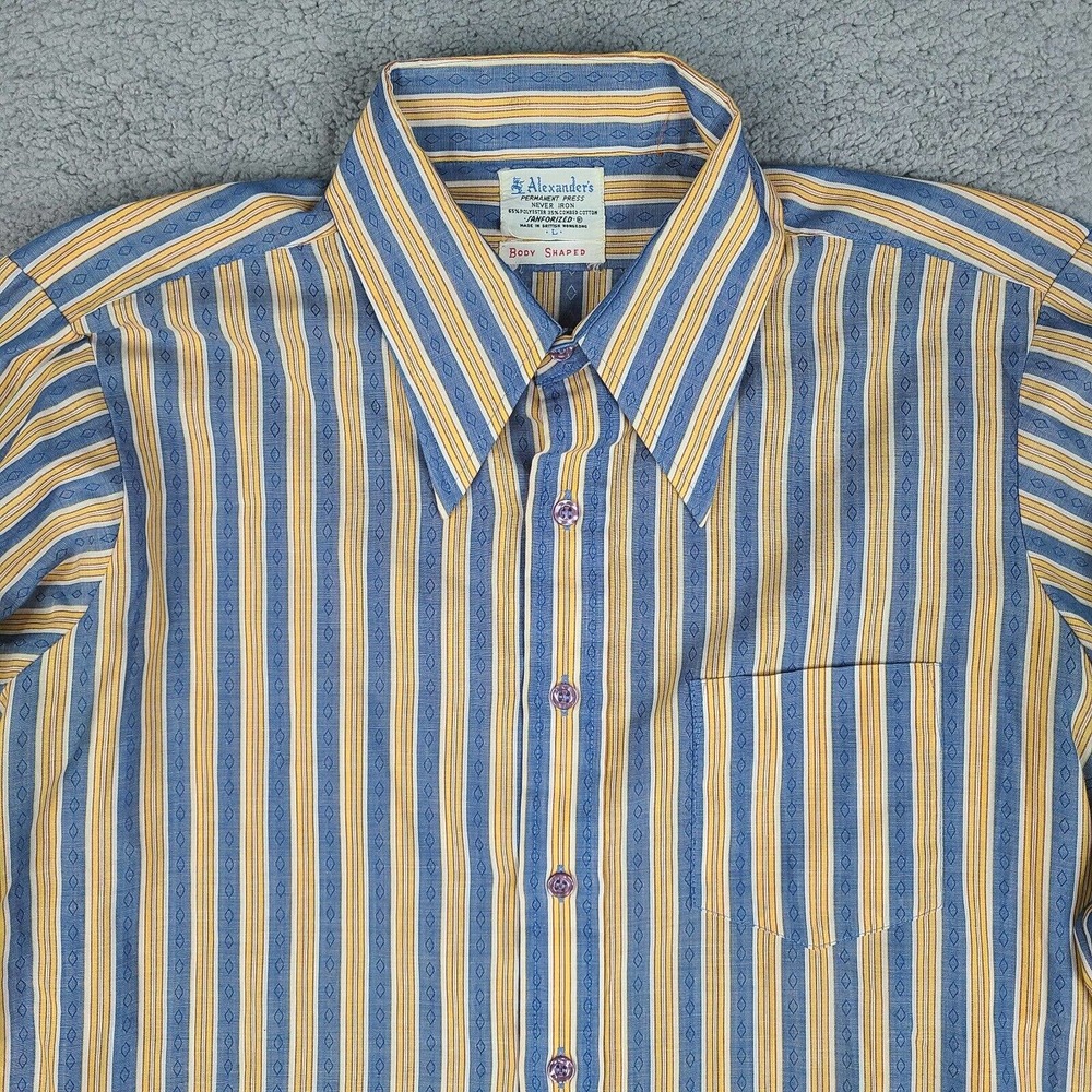 Alexander's‎ Shirt Men's Large Blue Striped Button Down Body Shaped Sanforized